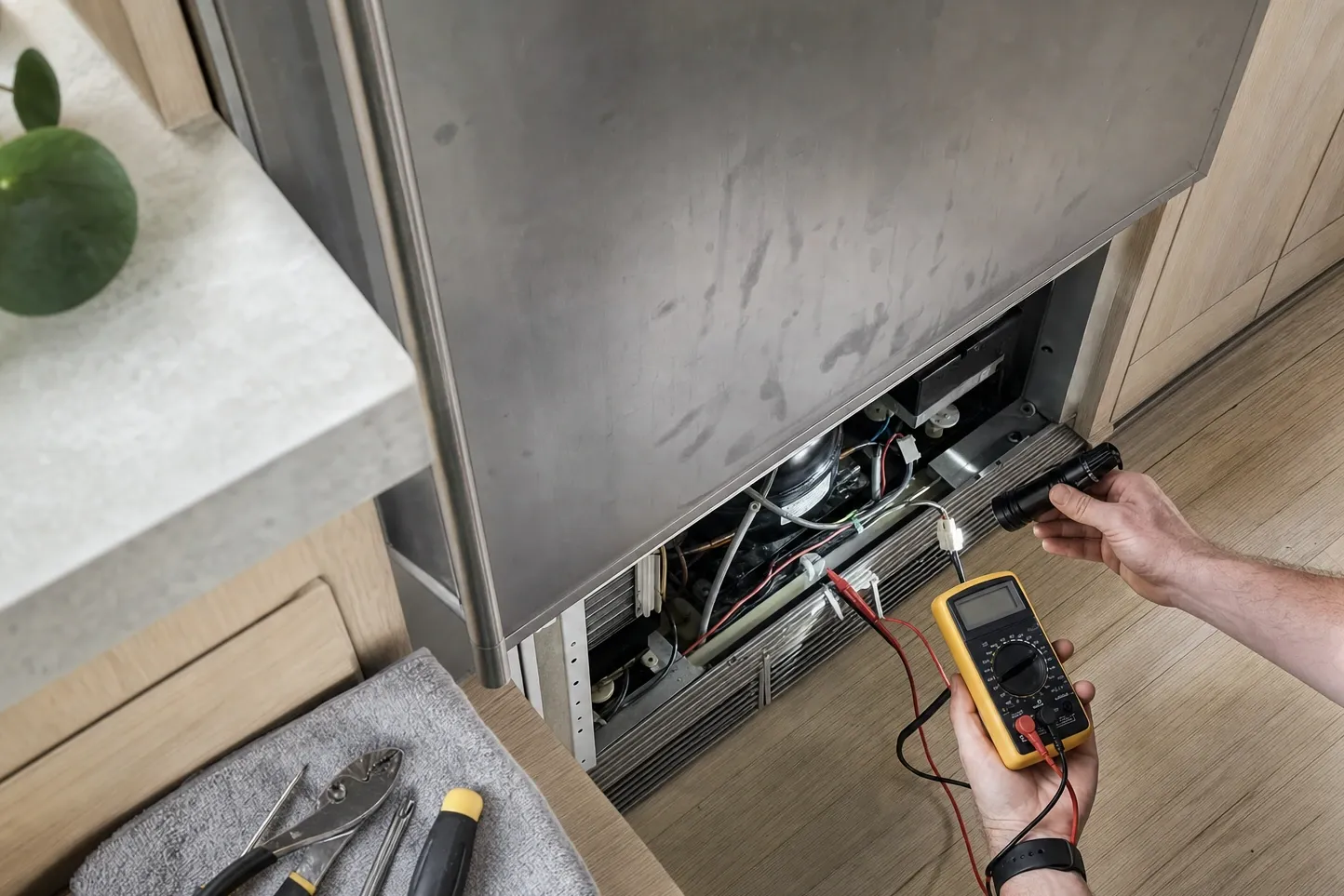 Flashlight and multimeter held at the open compressor bay of an undercounter built-in, hand tools on a towel