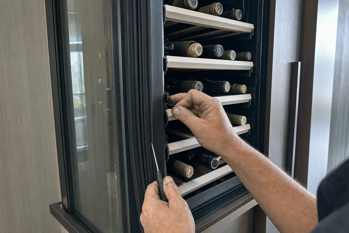 Screwdriver at a rack bracket inside a tall integrated wine cabinet, bottles resting on pale wooden racks
