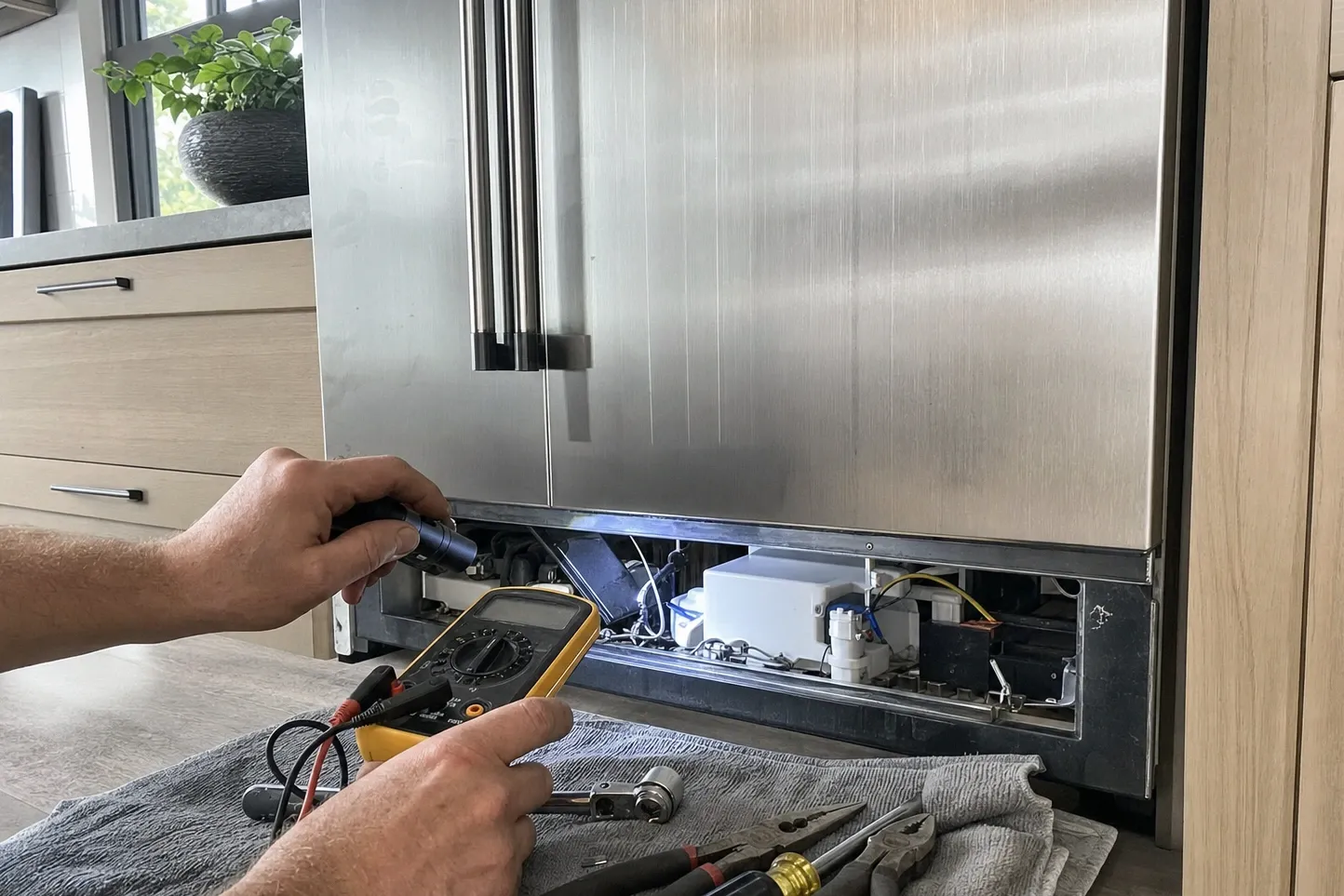 White water-valve assembly and supply tubing exposed behind the removed lower grille of a full-height built-in