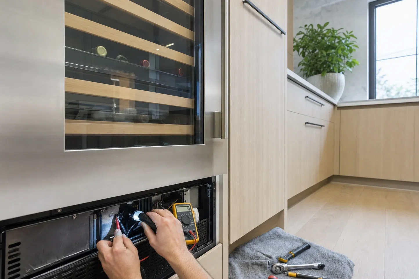 Machine compartment open below a wide integrated wine cabinet in a pale oak kitchen, meter propped inside the bay
