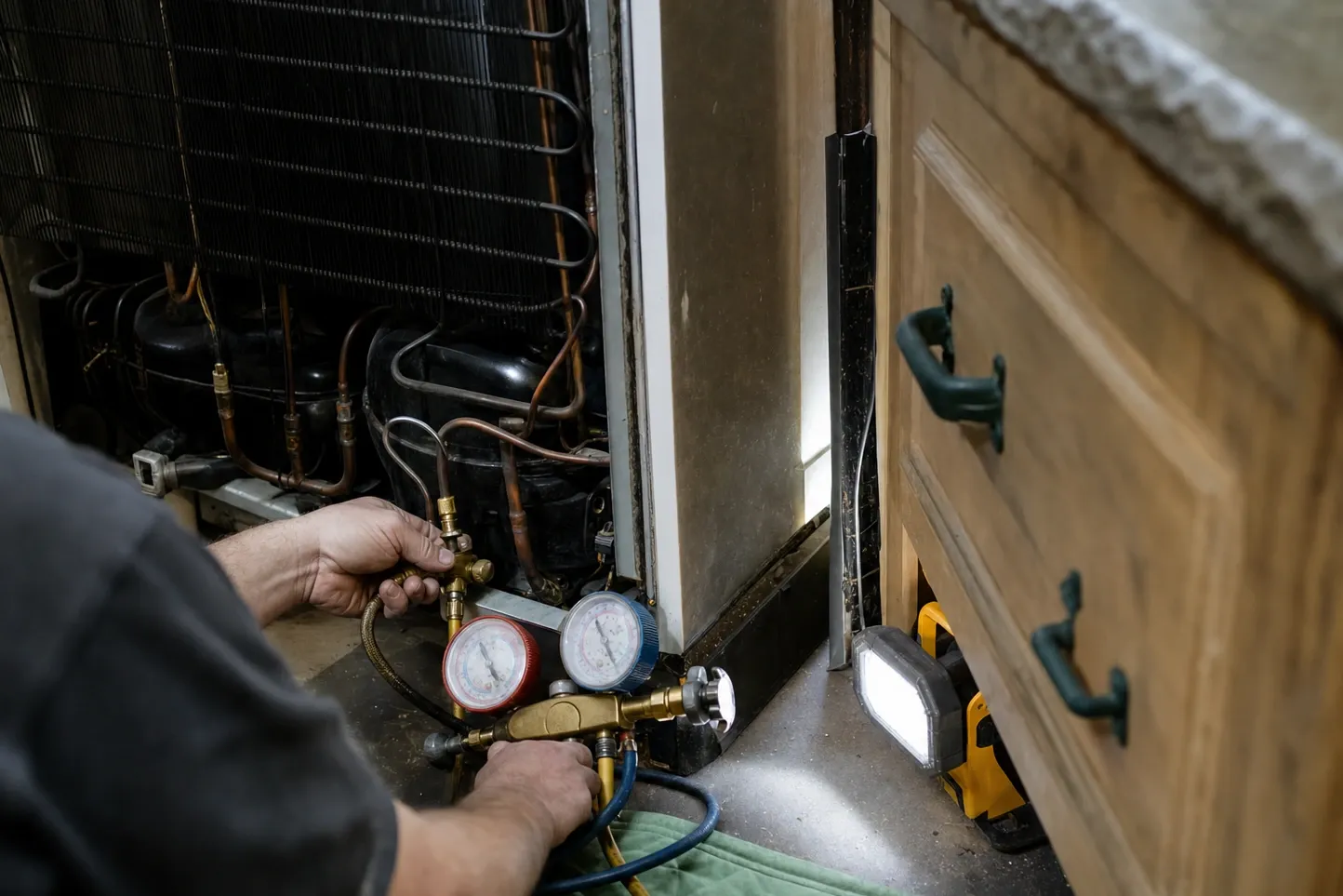Built-in rolled forward out of its cabinet opening, condenser coil and compressors behind it, manifold gauges on the floor