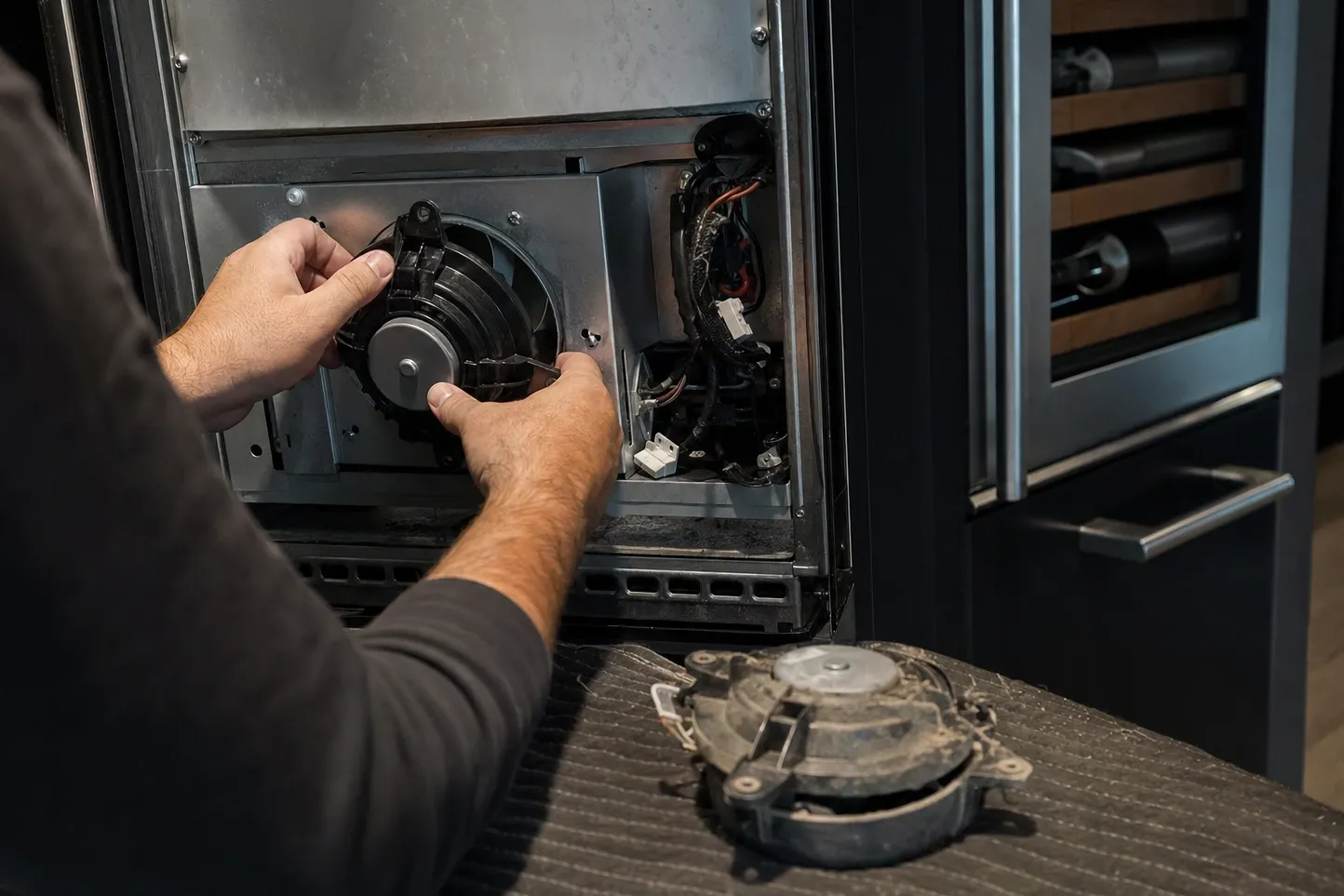 New fan assembly lifted into the machine bay of a dark built-in, the caked old one lying on the floor mat